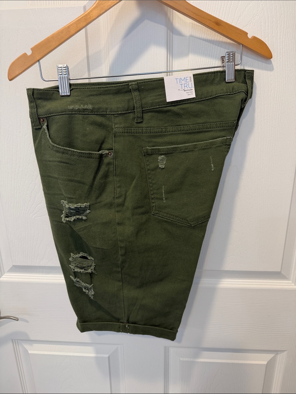 Time and Tru Olive Distressed Denim Shorts